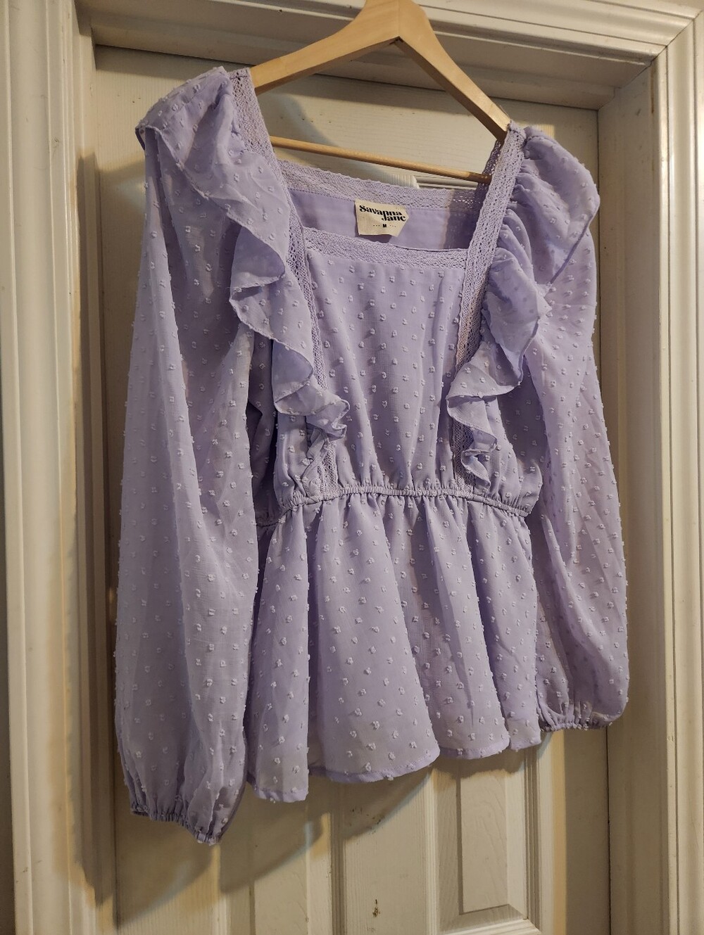 Savanna Jane Lavender Swiss Dot Ruffle Long SleevePeplum Top Size M